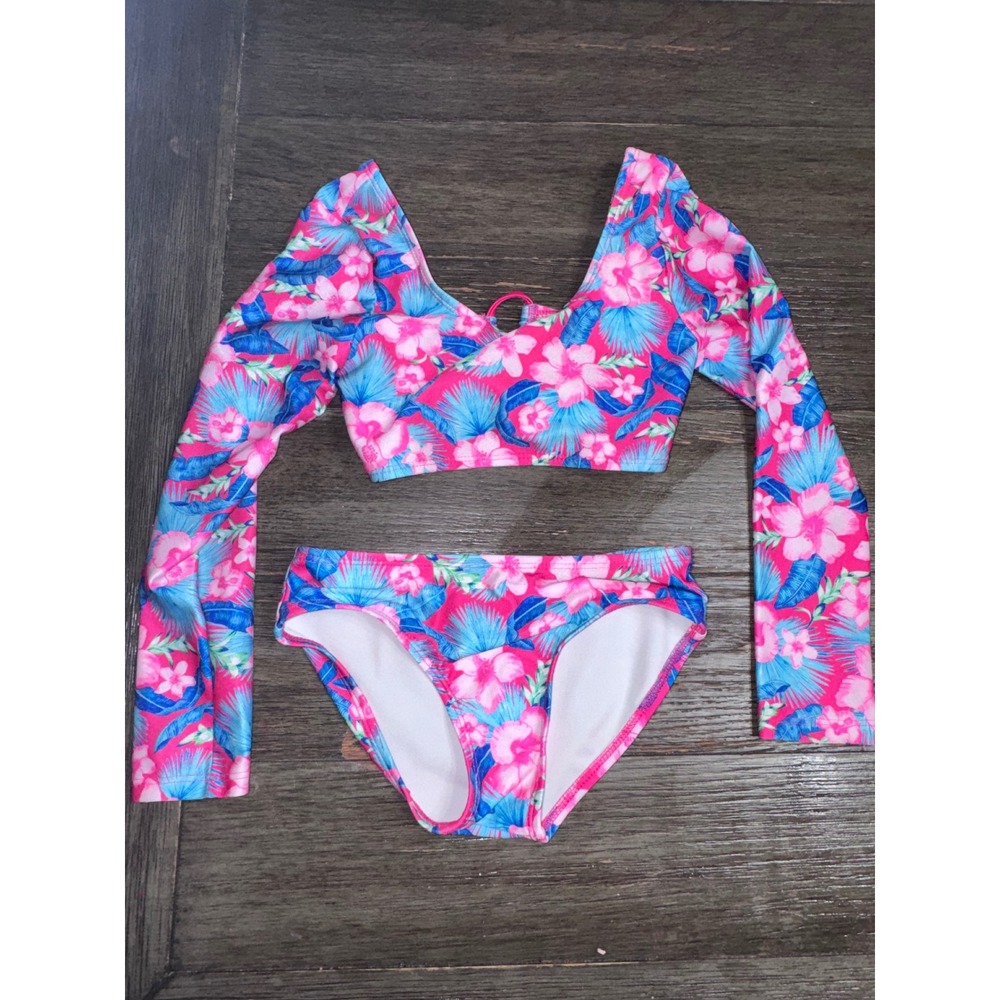 Art Class Girls Tropical Floral Long Sleeve Bikini Set Pink Blue XS 4/5